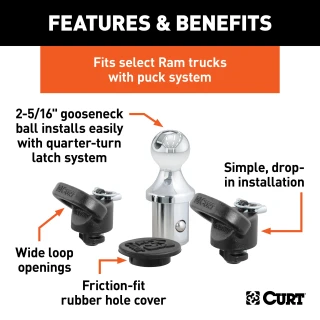 CURT OEM puck gooseneck ball and safety chain kit for Ram trucks, designed for 30K towing.