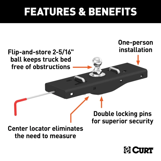 CURT Double Lock EZr gooseneck hitch with flip-and-store ball for 30,000 lbs. towing capacity.