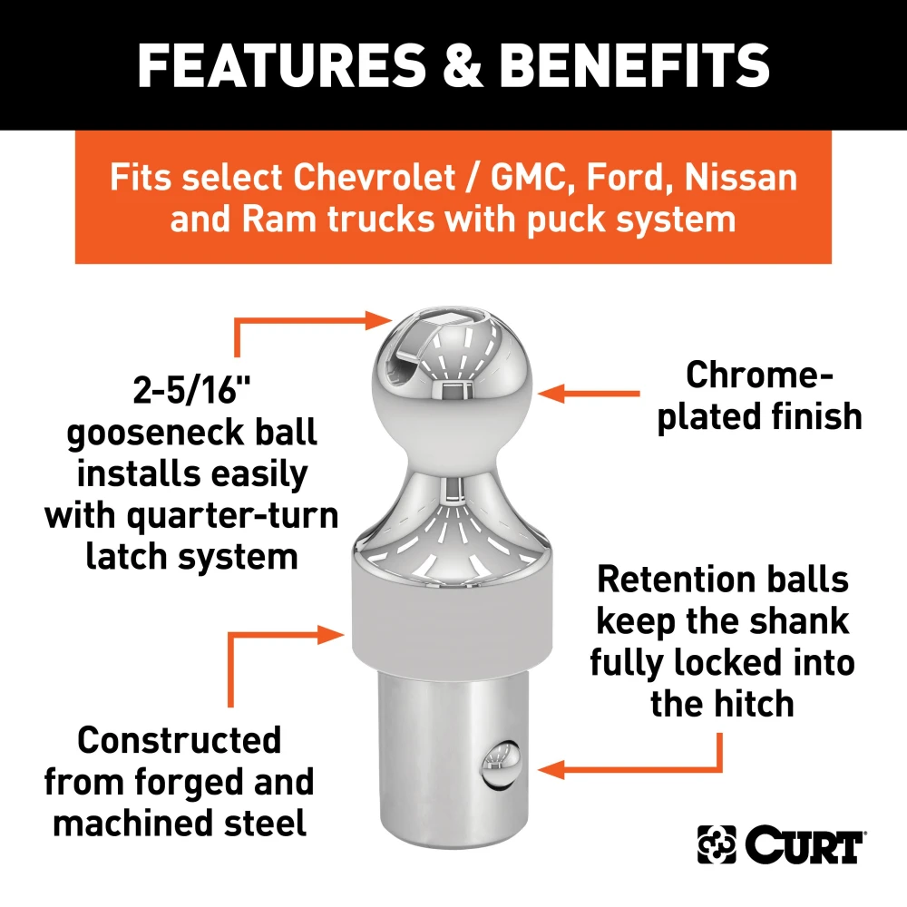 CURT OEM puck system gooseneck ball, compatible with Chevrolet, Ford, GMC, and Ram trucks, rated for 38,000 lbs.