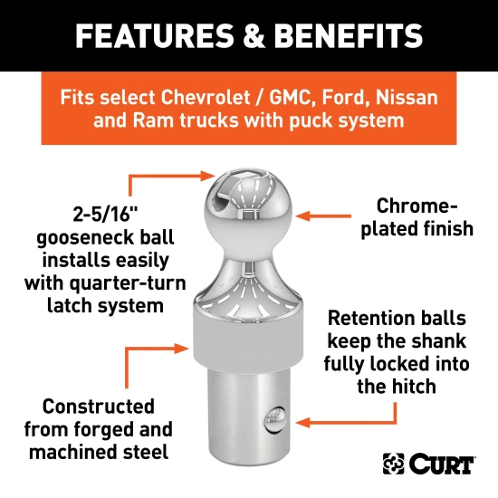 CURT OEM puck system gooseneck ball, compatible with Chevrolet, Ford, GMC, and Ram trucks, rated for 38,000 lbs.