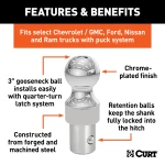 Close-up of CURT OEM puck system gooseneck ball rated at 30,000 lbs, with chrome finish and patented latch installation