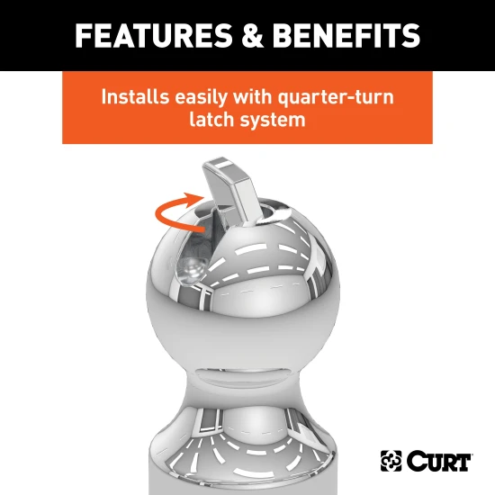 Close-up of CURT OEM puck system gooseneck ball rated at 30,000 lbs, with chrome finish and patented latch installation