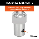 Close-up of CURT OEM puck system gooseneck ball rated at 30,000 lbs, with chrome finish and patented latch installation