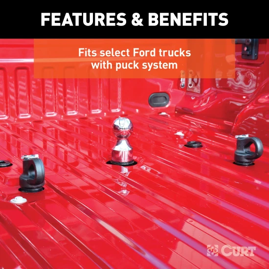 Close-up of CURT OEM puck system gooseneck ball rated at 30,000 lbs, with chrome finish and patented latch installation