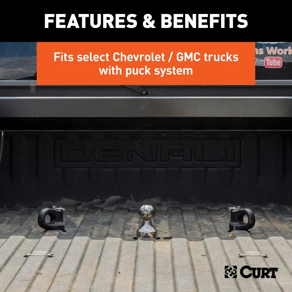 CURT OEM puck system gooseneck ball with chrome finish, compatible with certain pickups.