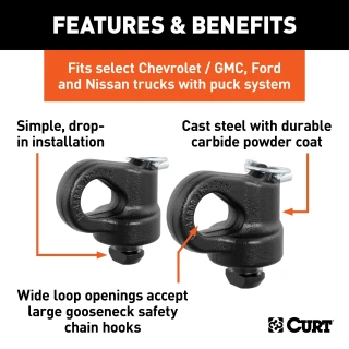 CURT OEM puck system gooseneck safety chain anchors in a truck bed for towing