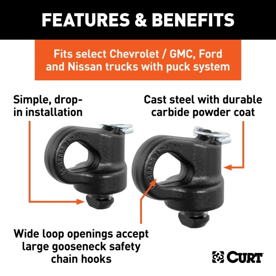 CURT OEM puck system gooseneck safety chain anchors in a truck bed for towing