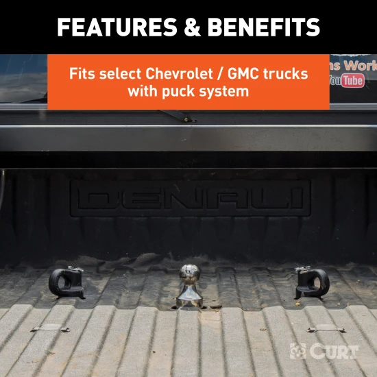 CURT 30K gooseneck puck system kit with ball, anchors, cover, and storage case for select truck models.