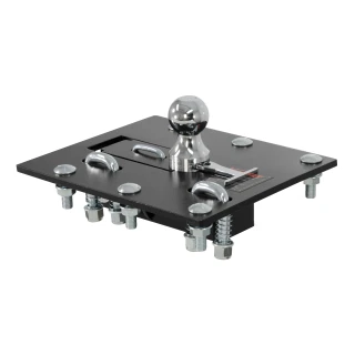 CURT folding ball gooseneck hitch installed on truck, showcasing fold-down design and chrome-plated ball.