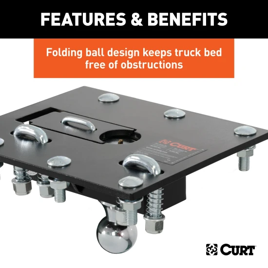 CURT folding ball gooseneck hitch installed on truck, showcasing fold-down design and chrome-plated ball.