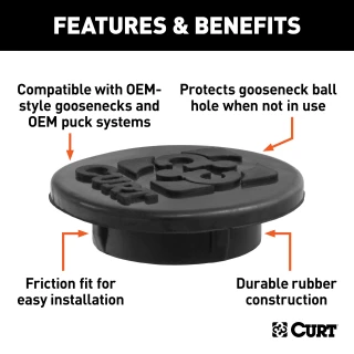 CURT gooseneck hitch cap providing rust protection and a finished look for truck beds, compatible with Ram 60610, 60614, and 60626 models.