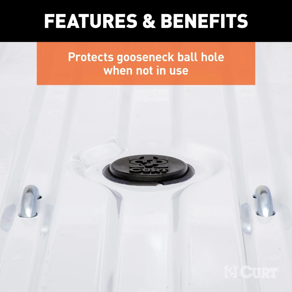 CURT gooseneck hitch cap providing rust protection and a finished look for truck beds, compatible with Ram 60610, 60614, and 60626 models.