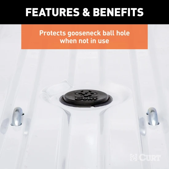 CURT gooseneck hitch cap providing rust protection and a finished look for truck beds, compatible with Ram 60610, 60614, and 60626 models.