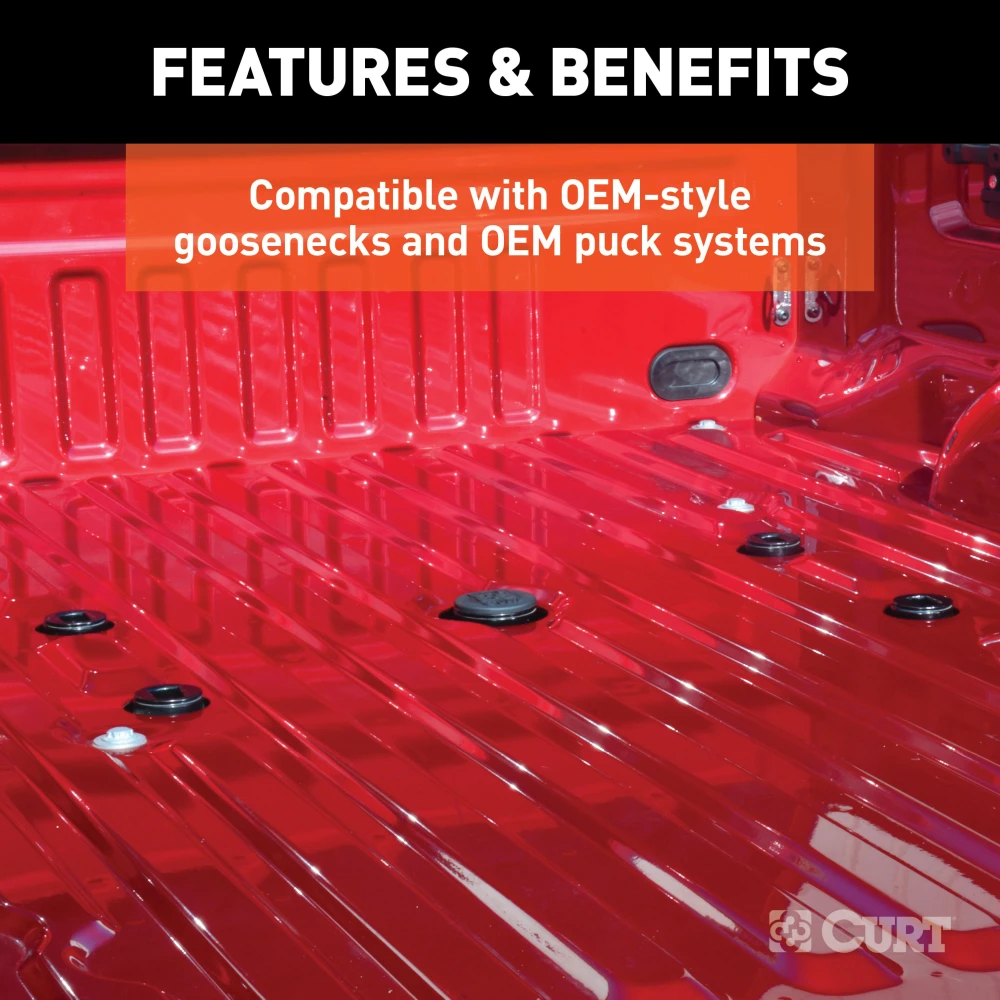 CURT gooseneck hitch cap providing rust protection and a finished look for truck beds, compatible with Ram 60610, 60614, and 60626 models.