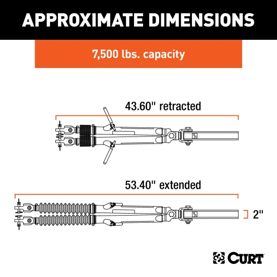 CURT Rambler steel tow bar shown with patent-pending latches for easy non-binding release, ideal for towing various vehicles.