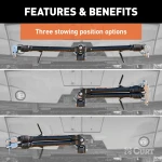 CURT Rambler steel tow bar shown with patent-pending latches for easy non-binding release, ideal for towing various vehicles.