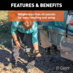 CURT Rambler steel tow bar shown with patent-pending latches for easy non-binding release, ideal for towing various vehicles.