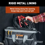 A CURT tool bag featuring multiple pockets for organized towing accessories storage, comfort-grip handles, and reinforced straps.