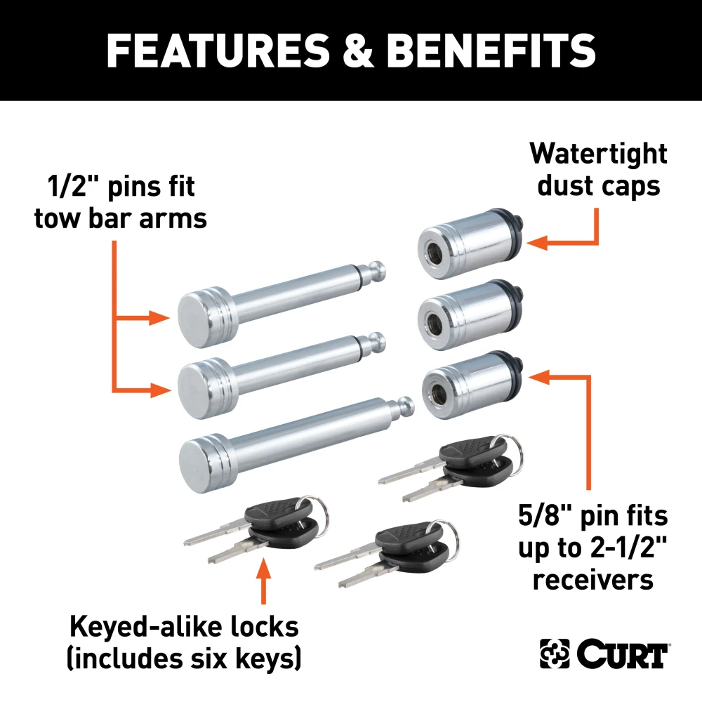 CURT Rambler tow bar lock set securing RV and towed vehicle connection points