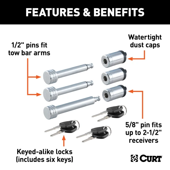 CURT Rambler tow bar lock set securing RV and towed vehicle connection points