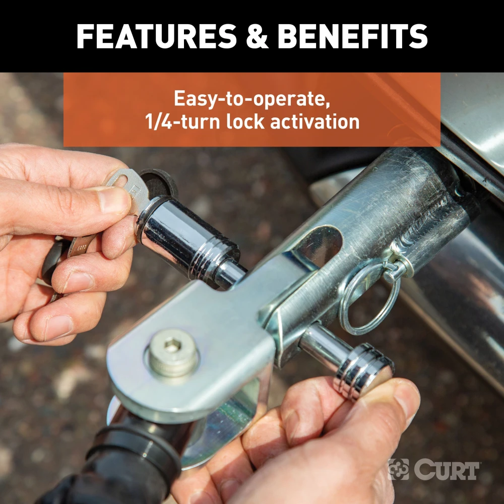 CURT Rambler tow bar lock set securing RV and towed vehicle connection points