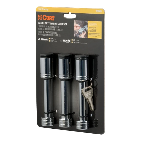 CURT Rambler tow bar lock set securing RV and towed vehicle connection points