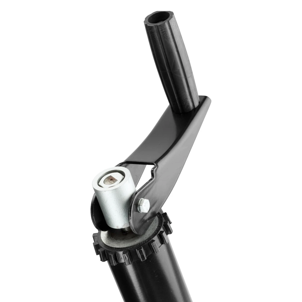 Lippert Quick Drop tongue jack on trailer, convertible to powered operation with a drill, 2000 lb capacity, black finish.