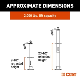 Lippert Quick Drop tongue jack on trailer, convertible to powered operation with a drill, 2000 lb capacity, black finish.
