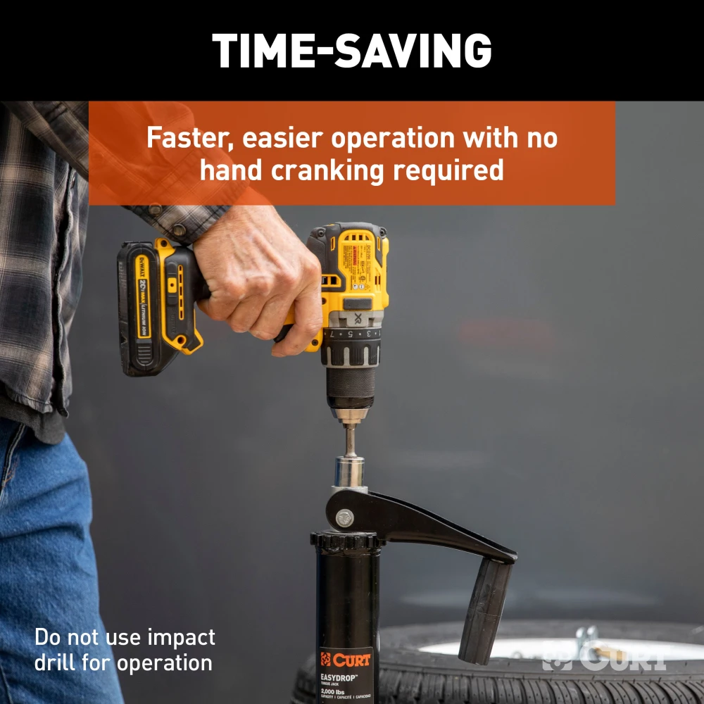 Lippert Quick Drop tongue jack on trailer, convertible to powered operation with a drill, 2000 lb capacity, black finish.