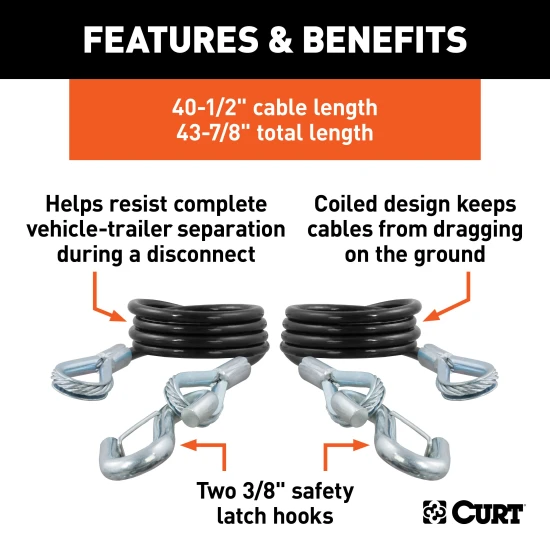 CURT safety cables, coiled design, vinyl coating, 3500 lbs break force, towing safety