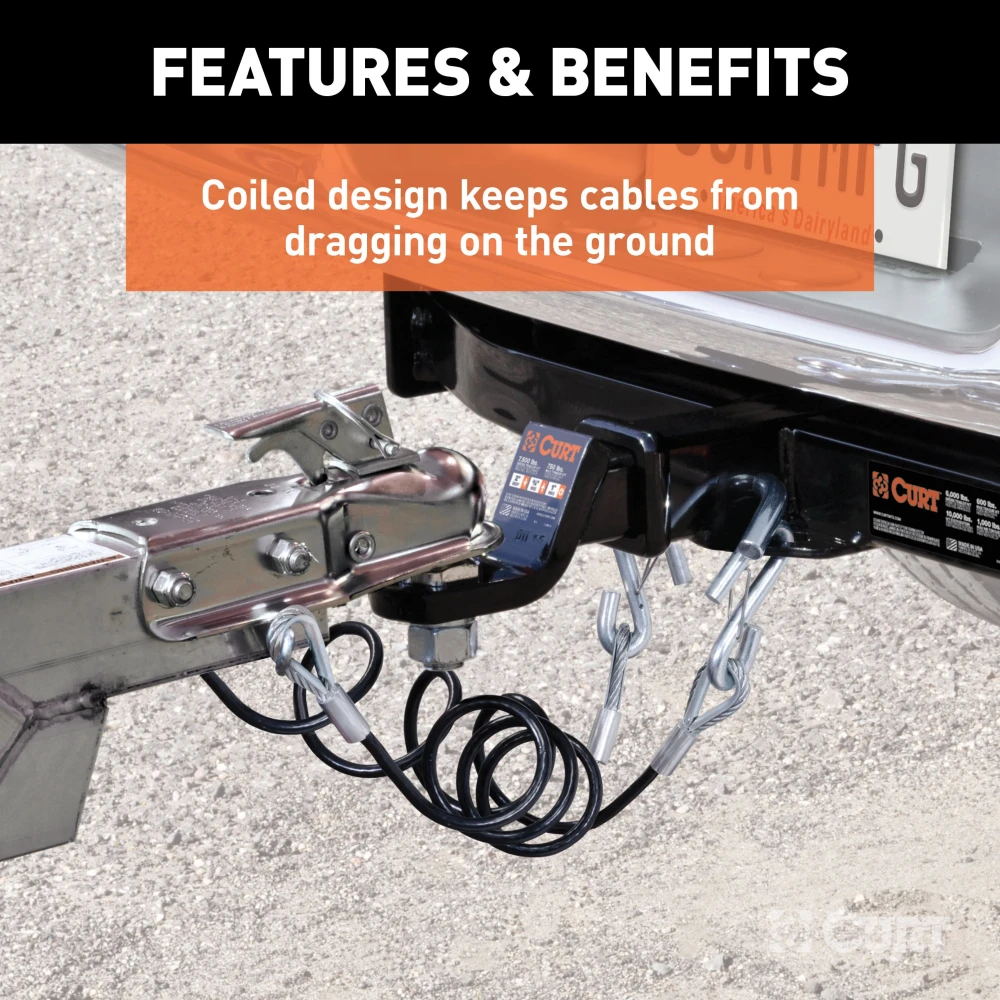 CURT safety cables, coiled design, vinyl coating, 3500 lbs break force, towing safety