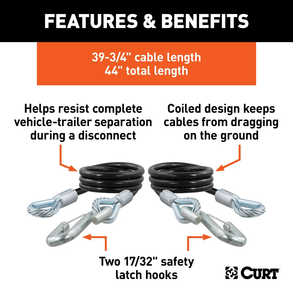 CURT safety cables coiled with vinyl coating and secured latch hooks, 7500 lbs capacity