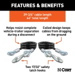 CURT safety cables coiled with vinyl coating and secured latch hooks, 7500 lbs capacity