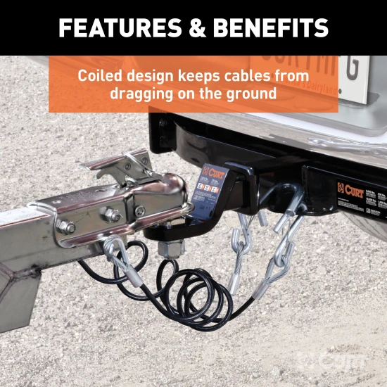 CURT safety cables coiled with vinyl coating and secured latch hooks, 7500 lbs capacity