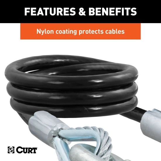 CURT safety cables coiled with vinyl coating and secured latch hooks, 7500 lbs capacity