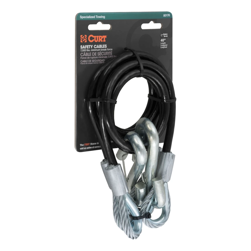CURT safety cables coiled with vinyl coating and secured latch hooks, 7500 lbs capacity