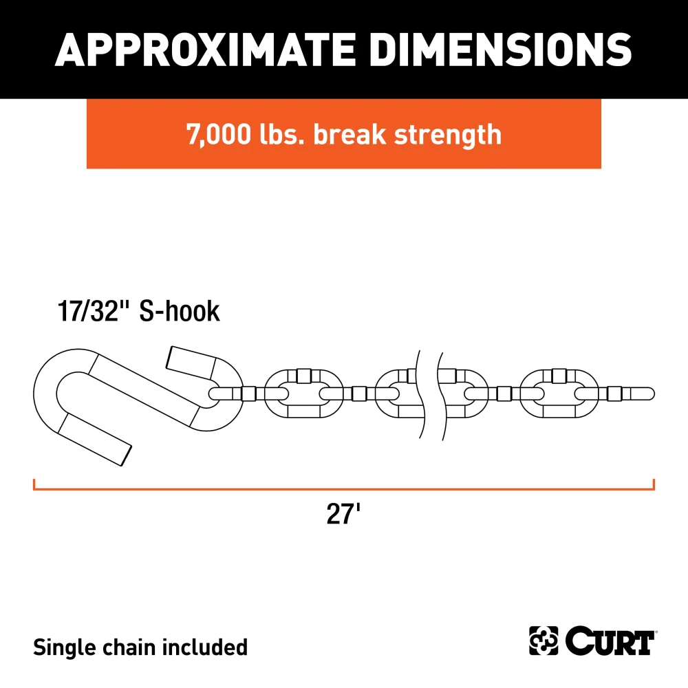 CURT Safety Chain featuring a 7,000 lbs capacity with attached S-hook for secure trailer towing