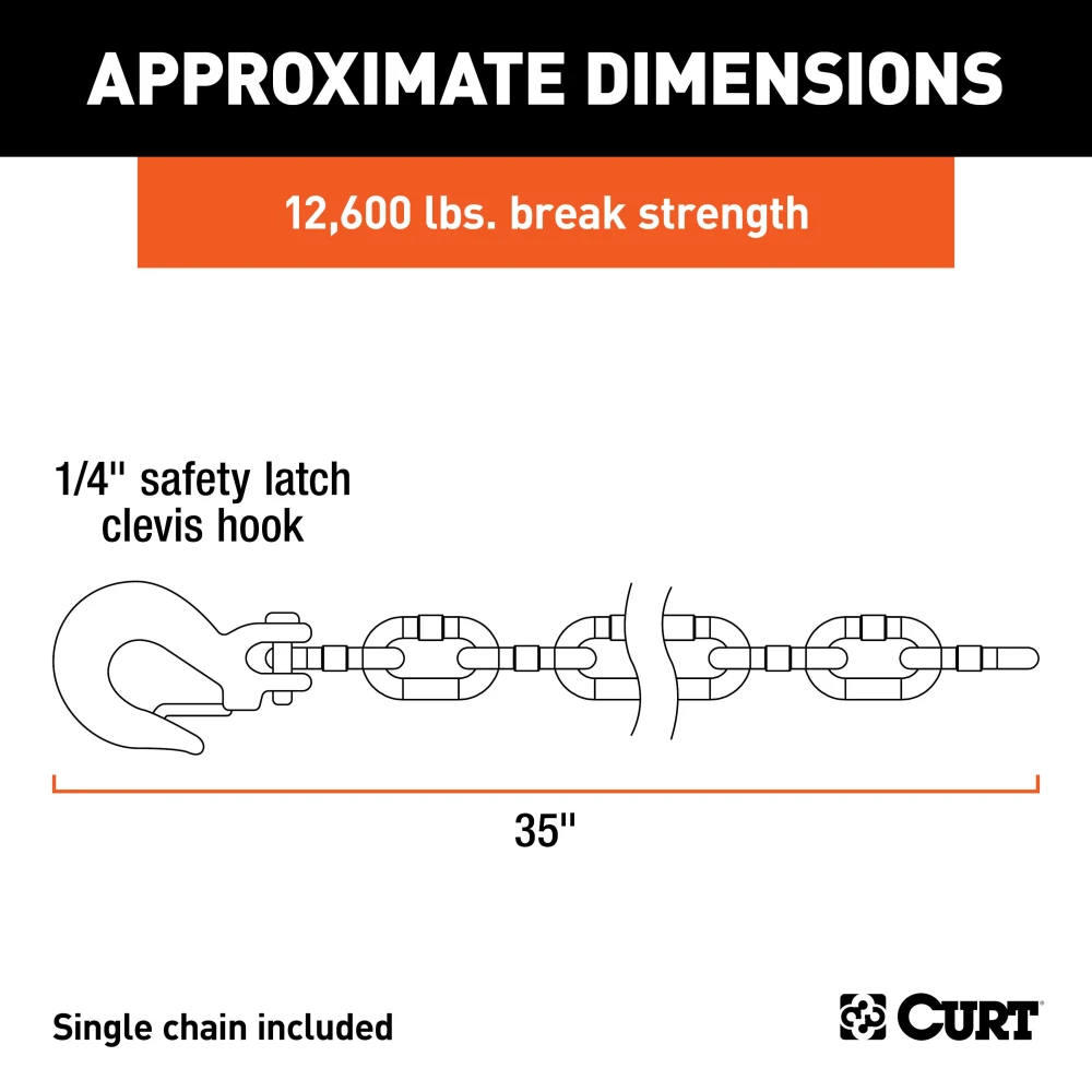 CURT grade-70 certified steel safety chain with clevis hook, 12,600 lbs capacity