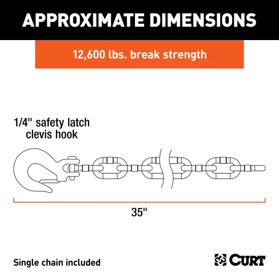 CURT grade-70 certified steel safety chain with clevis hook, 12,600 lbs capacity