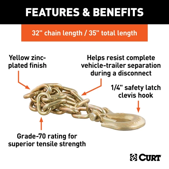 CURT grade-70 certified steel safety chain with clevis hook, 12,600 lbs capacity