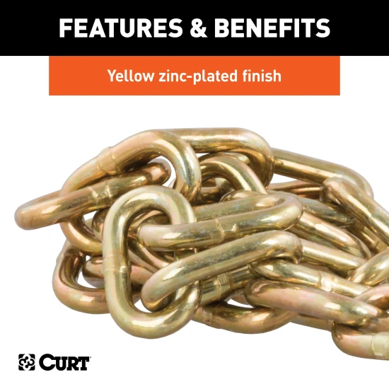 CURT grade-70 certified steel safety chain with clevis hook, 12,600 lbs capacity