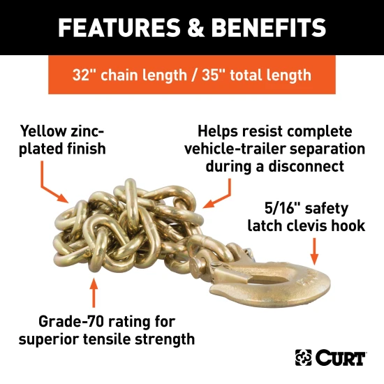 CURT safety chain with clevis hook, grade-70 steel, 18,800 lbs capacity