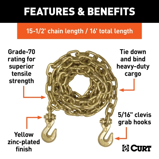 Grade-70 steel transport binder safety chain by CURT with clevis hooks for heavy-duty cargo, 18,800 lbs capacity.