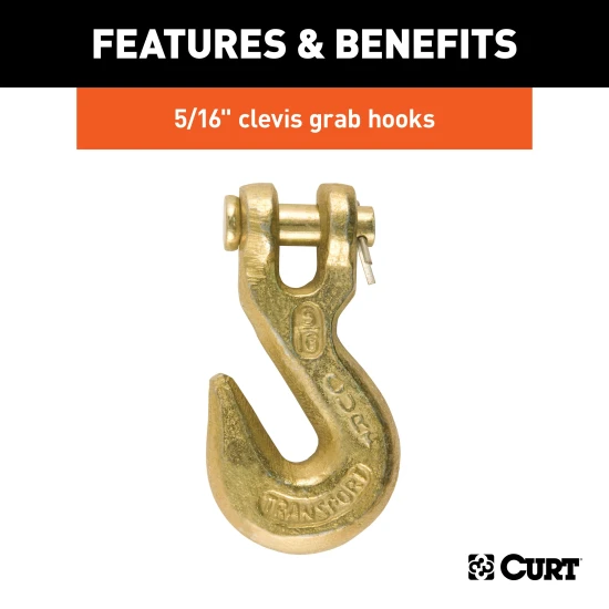Grade-70 steel transport binder safety chain by CURT with clevis hooks for heavy-duty cargo, 18,800 lbs capacity.