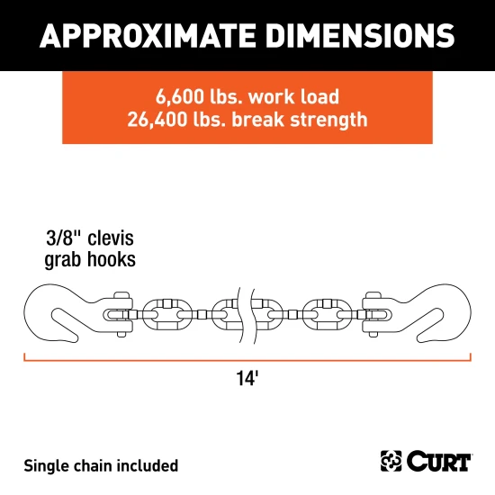 CURT transport binder safety chain with clevis hooks, designed for heavy-duty towing.