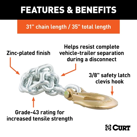 CURT heavy-duty steel safety chains featuring a clevis hook for secure trailer towing