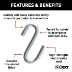 CURT S-hook with heat-treated steel and zinc-plated finish for trailer safety chains