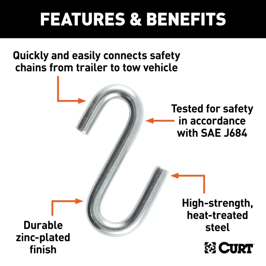 CURT S-hook with heat-treated steel and zinc-plated finish for trailer safety chains