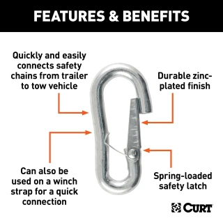 CURT snap hook with spring-loaded latch and zinc-plated finish for safe towing.