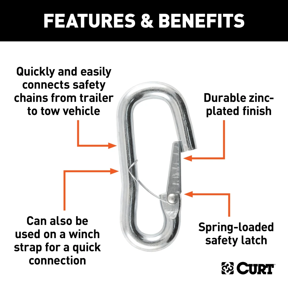 CURT snap hook with spring-loaded latch, zinc-plated finish, for secure trailer chain connection